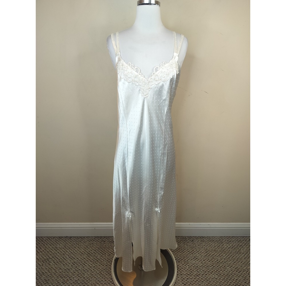 Linea Donatella White Satin Bridal Slip XL Lace Pearls Bow Double Slit